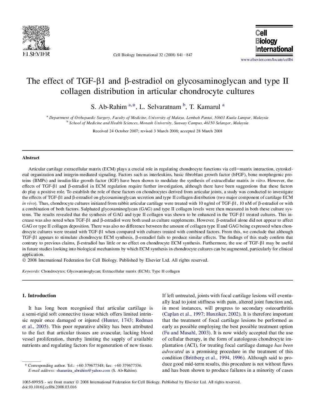 عکس صفحه اول مقاله: The effect of TGF-β1 and β-estradiol on glycosaminoglycan and type II collagen distribution in articular chondrocyte cultures The effect of TGF-β1 and β-estradiol on glycosaminoglycan and type II collagen distribution in articular chondrocyte cultures