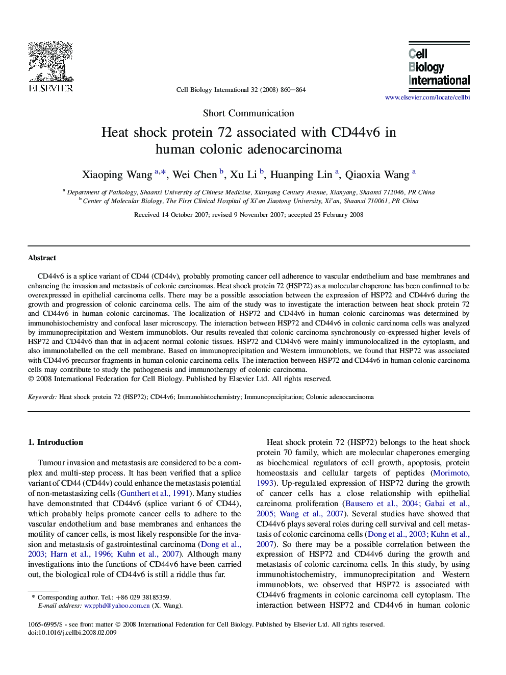 Heat shock protein 72 associated with CD44v6 in human colonic adenocarcinoma