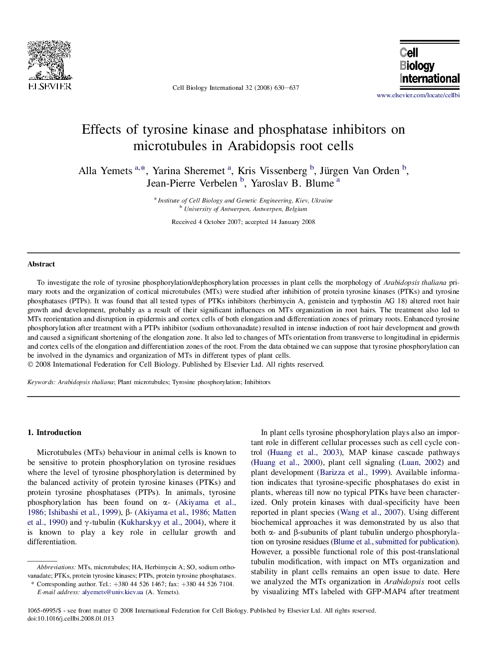 Effects of tyrosine kinase and phosphatase inhibitors on microtubules in Arabidopsis root cells