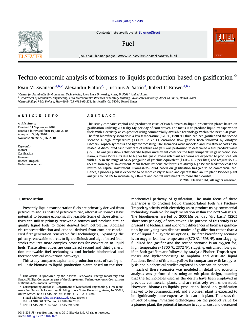 Techno-economic analysis of biomass-to-liquids production based on gasification 