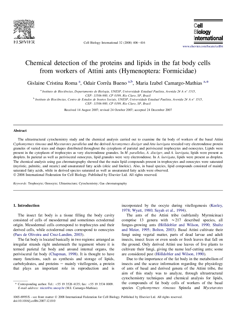 عکس صفحه اول مقاله: Chemical detection of the proteins and lipids in the fat body cells from workers of Attini ants (Hymenoptera: Formicidae) Chemical detection of the proteins and lipids in the fat body cells from workers of Attini ants (Hymenoptera: Formicidae)