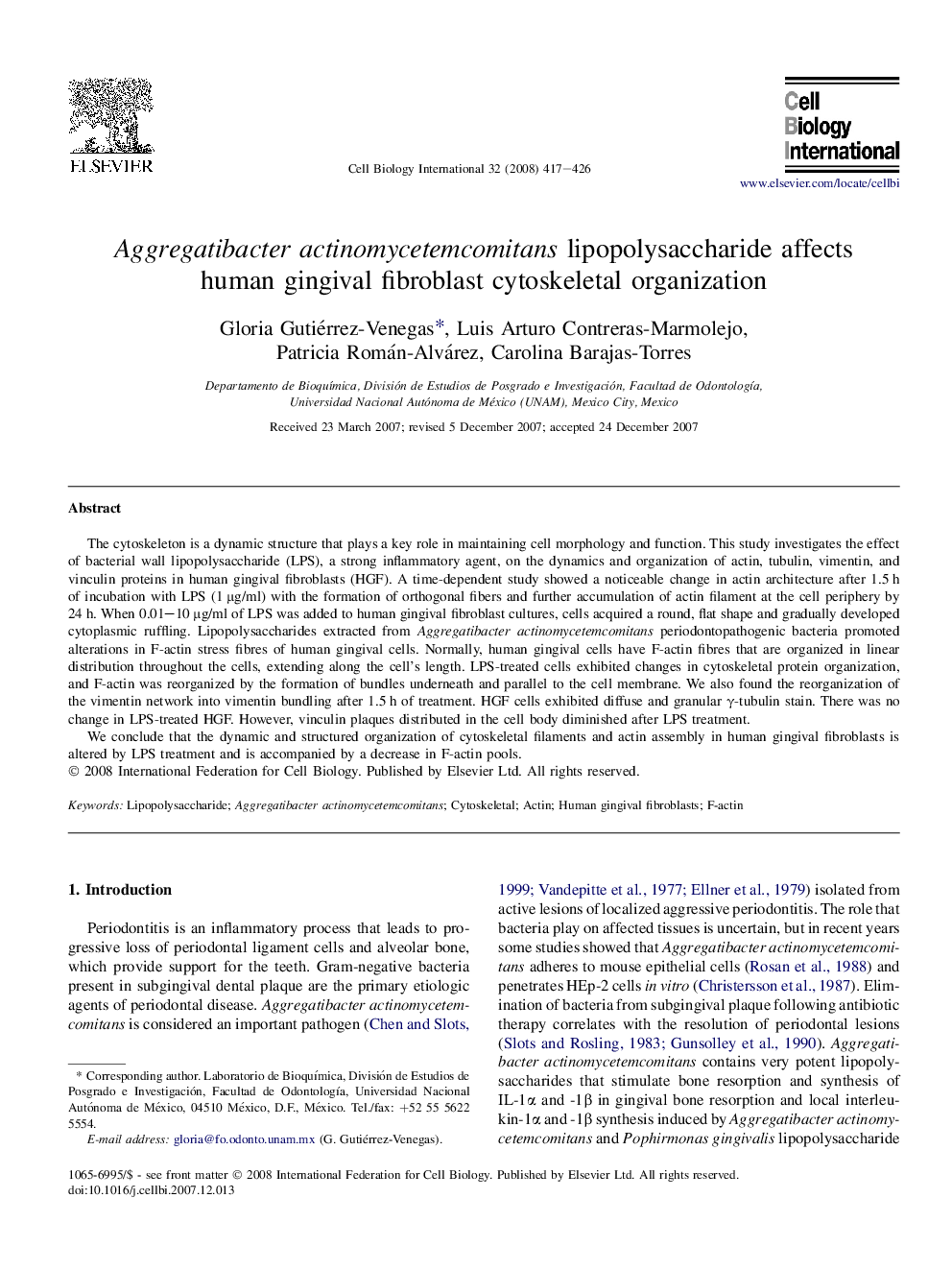 Aggregatibacter actinomycetemcomitans lipopolysaccharide affects human gingival fibroblast cytoskeletal organization