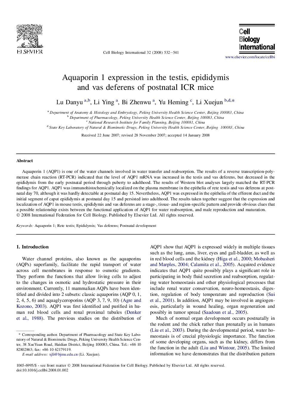 Aquaporin 1 expression in the testis, epididymis and vas deferens of postnatal ICR mice