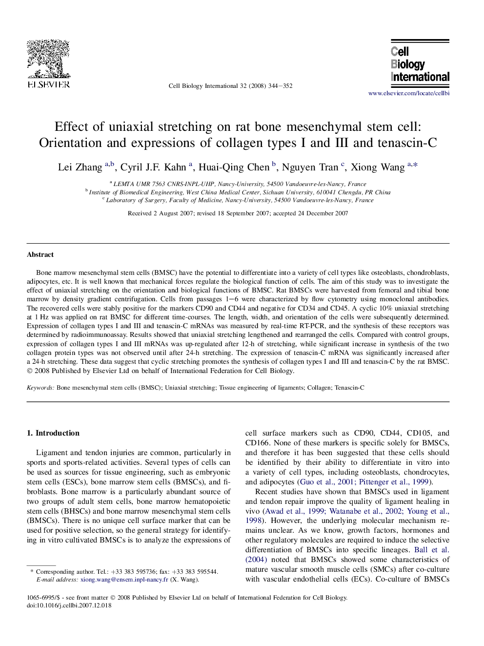 Effect of uniaxial stretching on rat bone mesenchymal stem cell: Orientation and expressions of collagen types I and III and tenascin-C