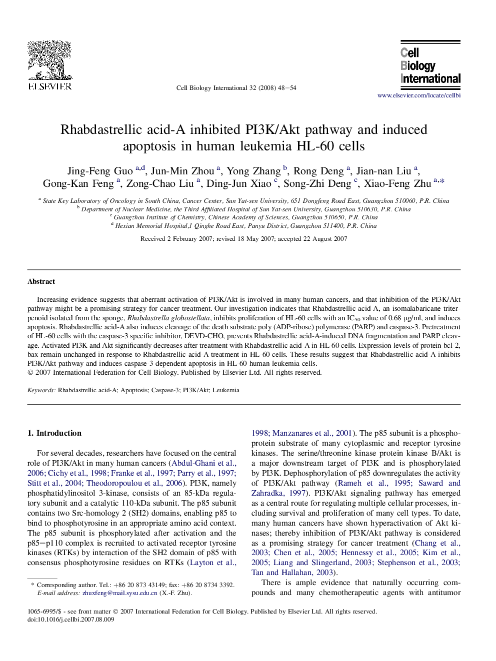 Rhabdastrellic acid-A inhibited PI3K/Akt pathway and induced apoptosis in human leukemia HL-60 cells