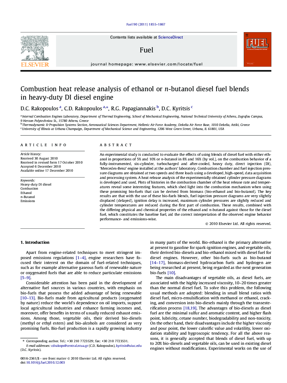 Combustion heat release analysis of ethanol or n-butanol diesel fuel blends in heavy-duty DI diesel engine