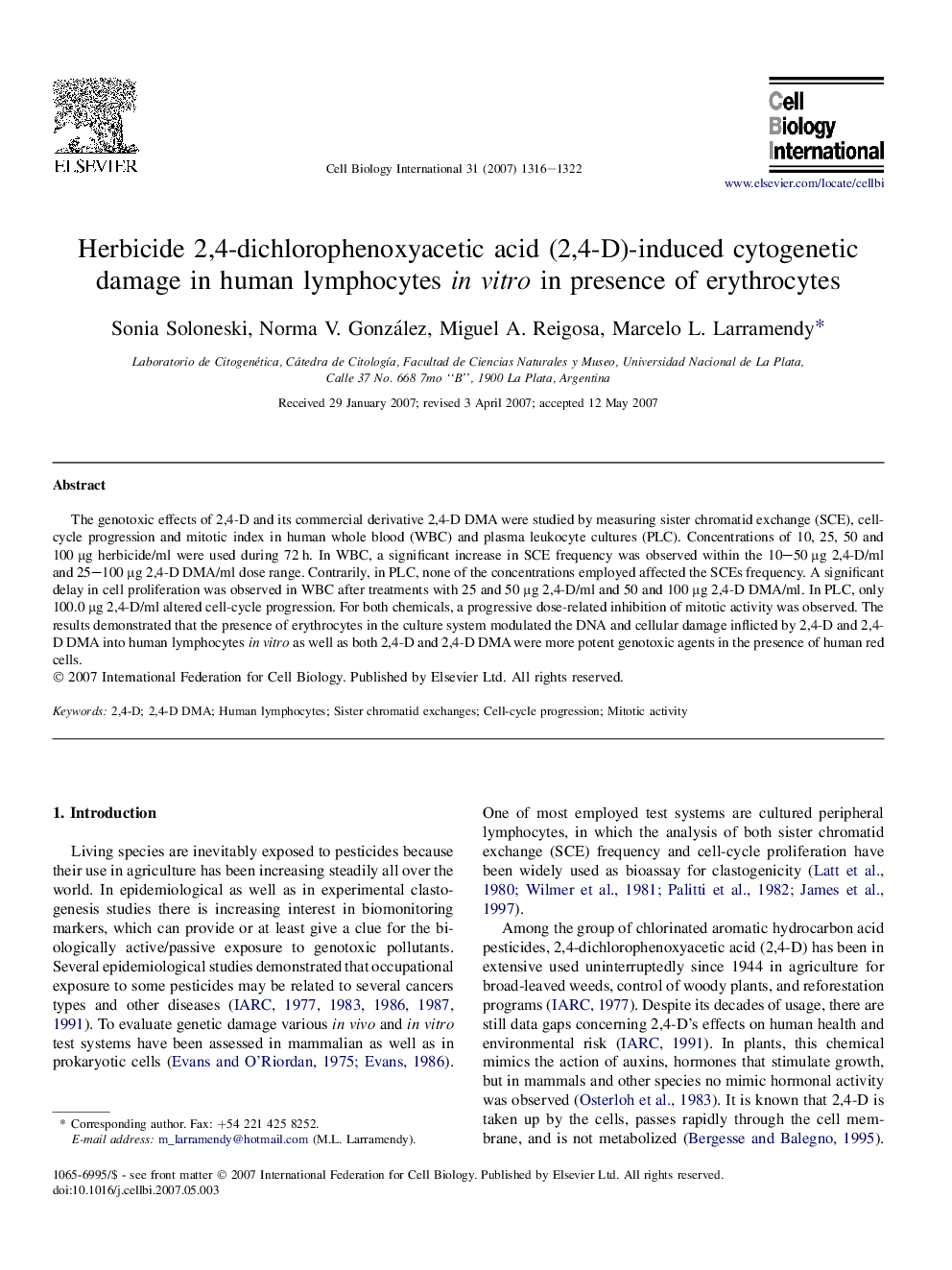 Herbicide 2,4-dichlorophenoxyacetic acid (2,4-D)-induced cytogenetic damage in human lymphocytes in vitro in presence of erythrocytes