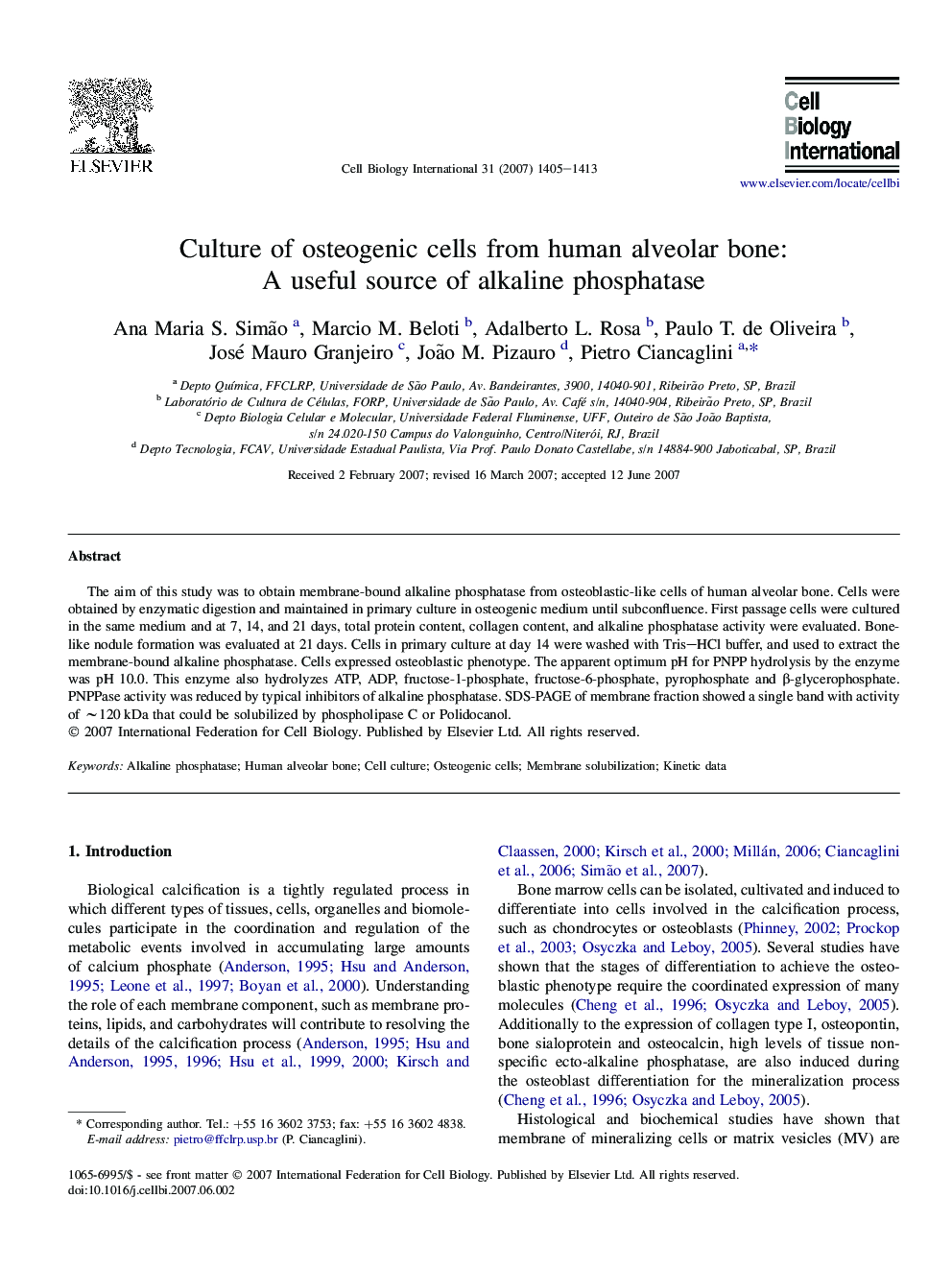 Culture of osteogenic cells from human alveolar bone: A useful source of alkaline phosphatase