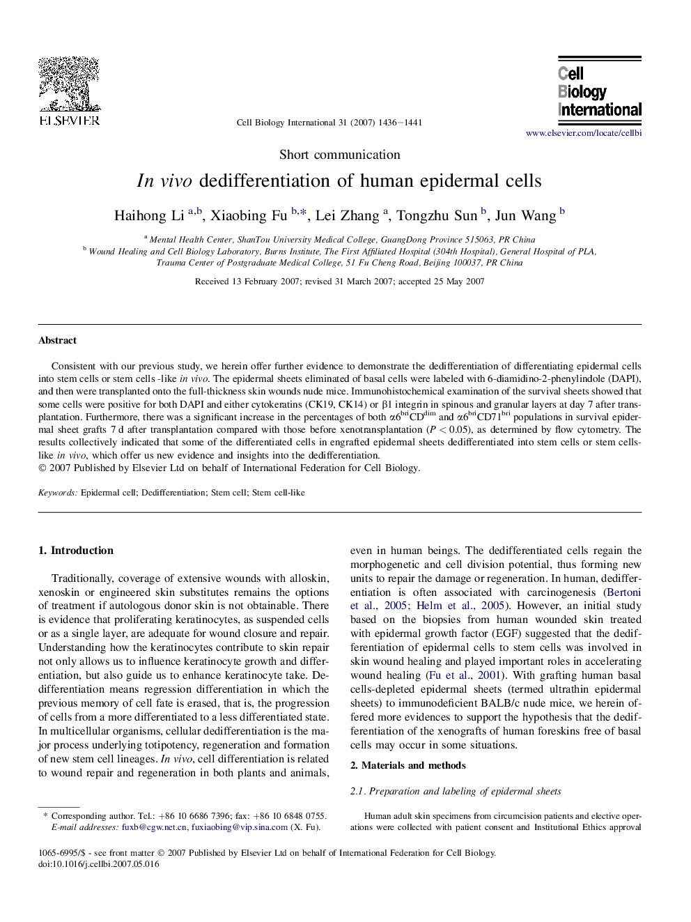 In vivo dedifferentiation of human epidermal cells