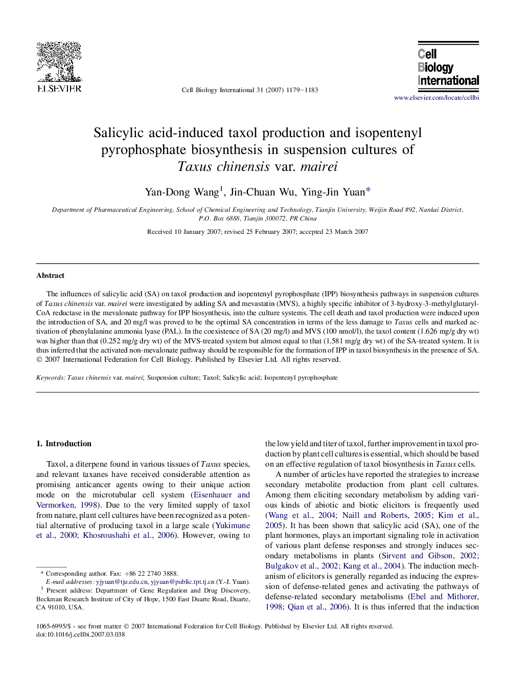 Salicylic acid-induced taxol production and isopentenyl pyrophosphate biosynthesis in suspension cultures of Taxus chinensis var. mairei