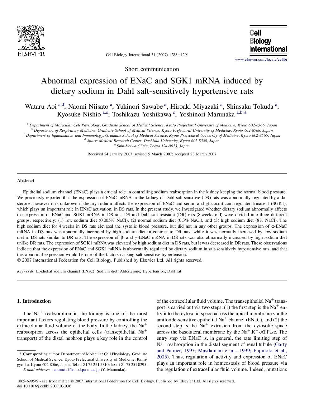 Abnormal expression of ENaC and SGK1 mRNA induced by dietary sodium in Dahl salt-sensitively hypertensive rats