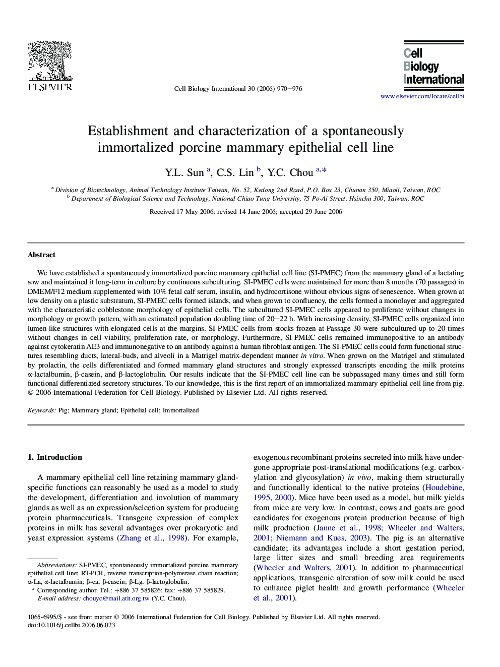 Establishment and characterization of a spontaneously immortalized porcine mammary epithelial cell line