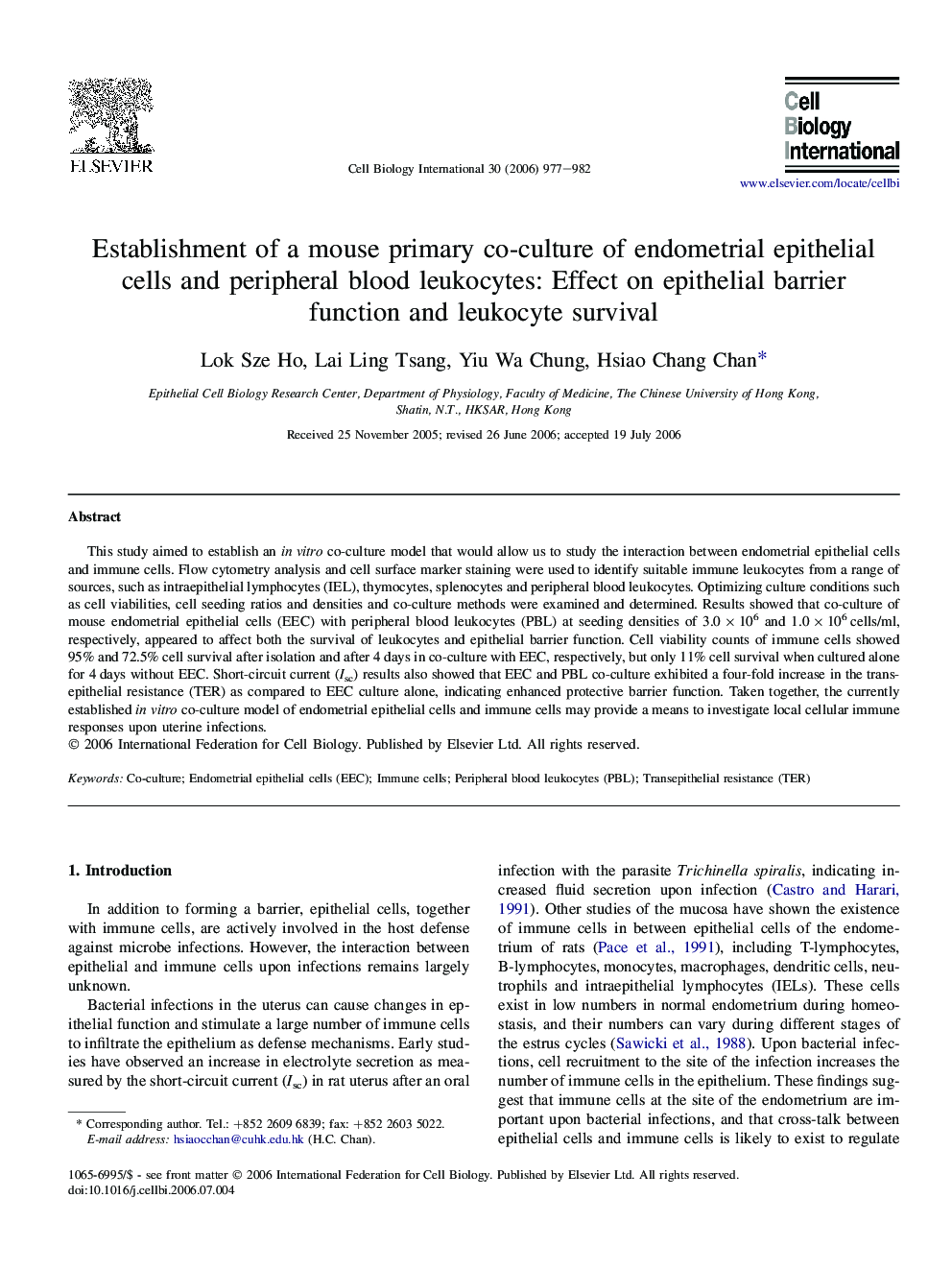 Establishment of a mouse primary co-culture of endometrial epithelial cells and peripheral blood leukocytes: Effect on epithelial barrier function and leukocyte survival