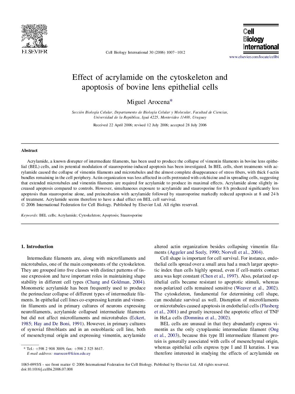 Effect of acrylamide on the cytoskeleton and apoptosis of bovine lens epithelial cells