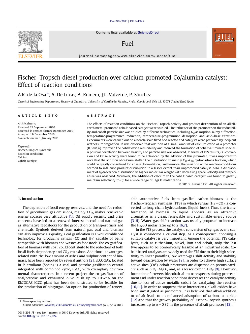 Fischer–Tropsch diesel production over calcium-promoted Co/alumina catalyst: Effect of reaction conditions