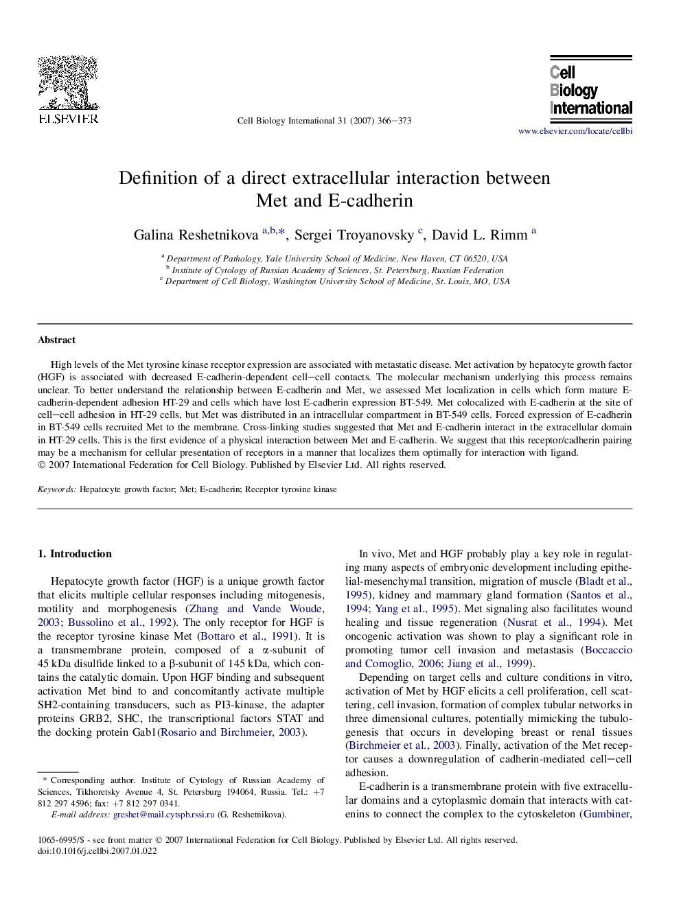 Definition of a direct extracellular interaction between Met and E-cadherin