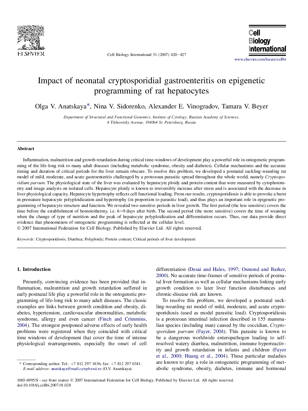 عکس صفحه اول مقاله: Impact of neonatal cryptosporidial gastroenteritis on epigenetic programming of rat hepatocytes Impact of neonatal cryptosporidial gastroenteritis on epigenetic programming of rat hepatocytes