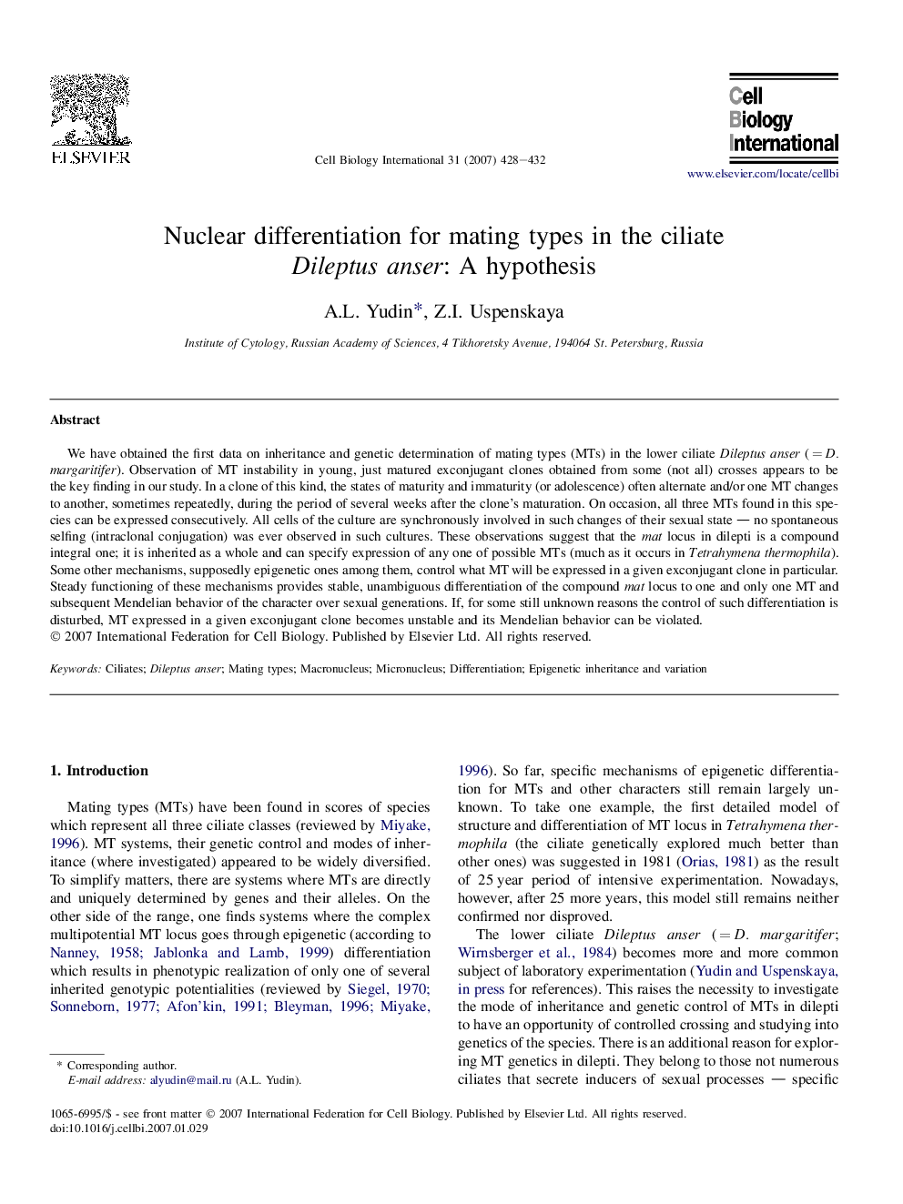 Nuclear differentiation for mating types in the ciliate Dileptus anser: A hypothesis