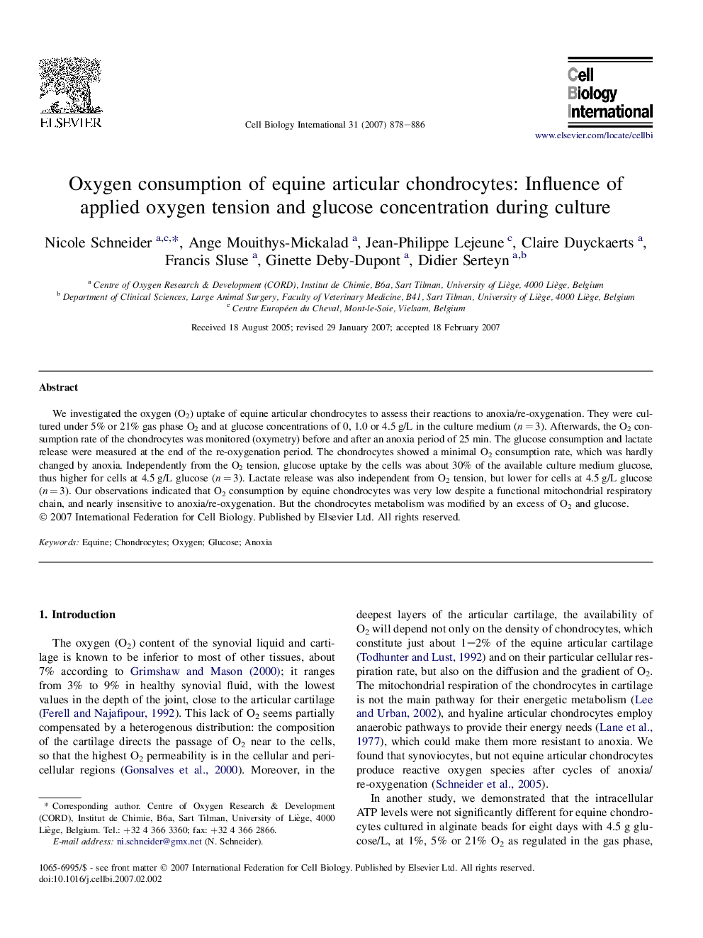 Oxygen consumption of equine articular chondrocytes: Influence of applied oxygen tension and glucose concentration during culture