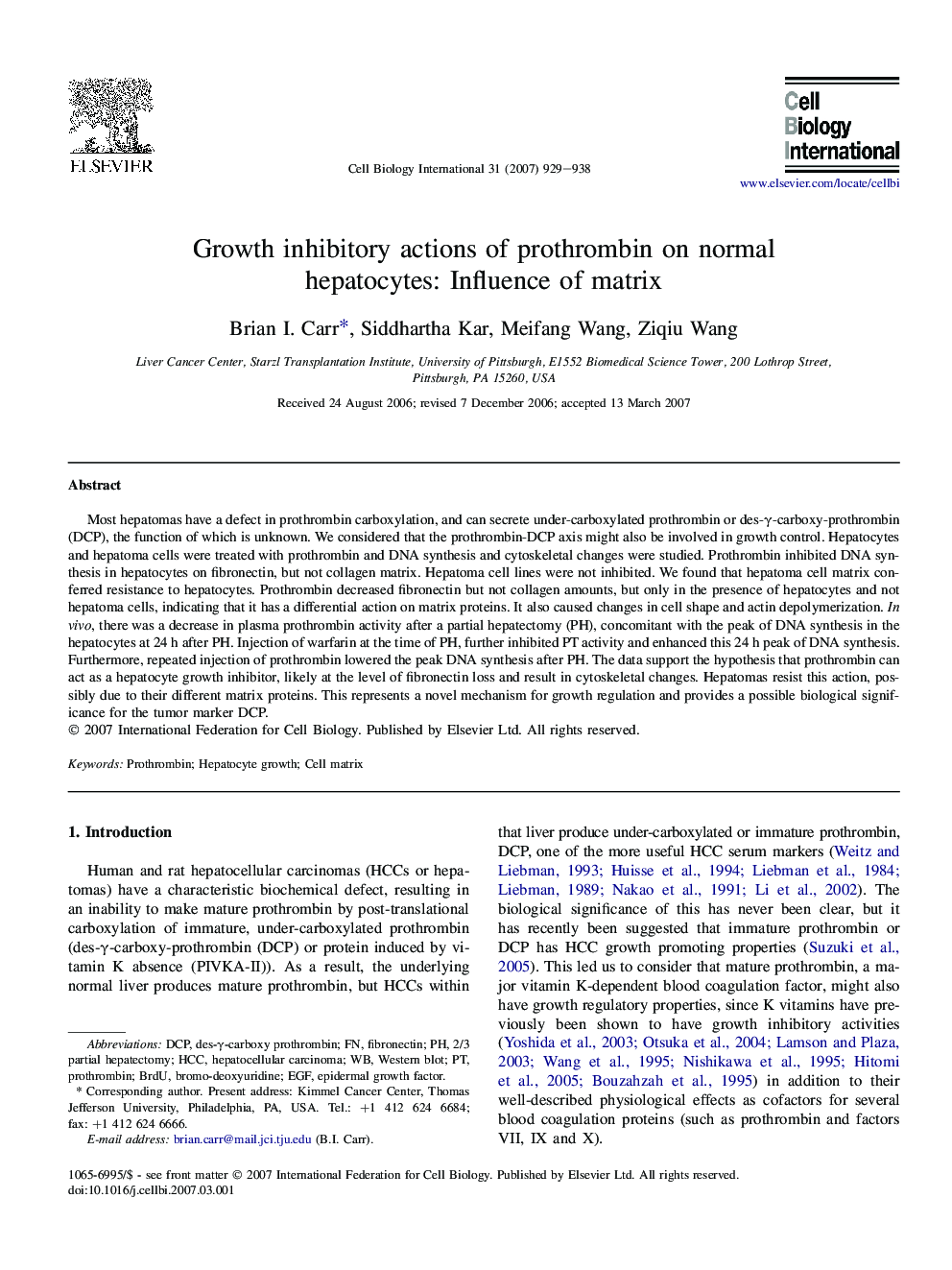 Growth inhibitory actions of prothrombin on normal hepatocytes: Influence of matrix