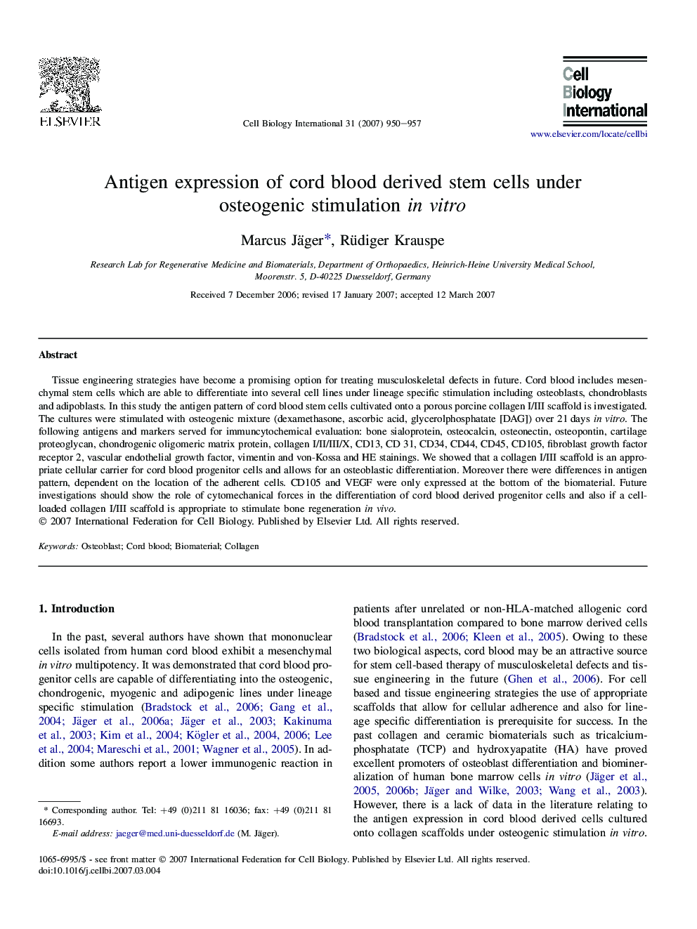 Antigen expression of cord blood derived stem cells under osteogenic stimulation in vitro