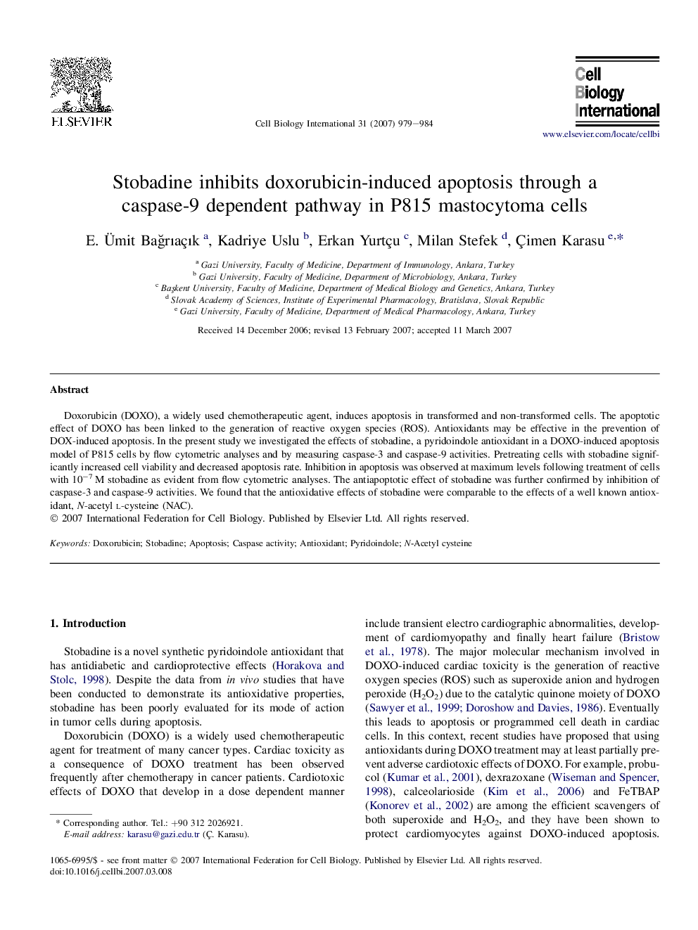 Stobadine inhibits doxorubicin-induced apoptosis through a caspase-9 dependent pathway in P815 mastocytoma cells