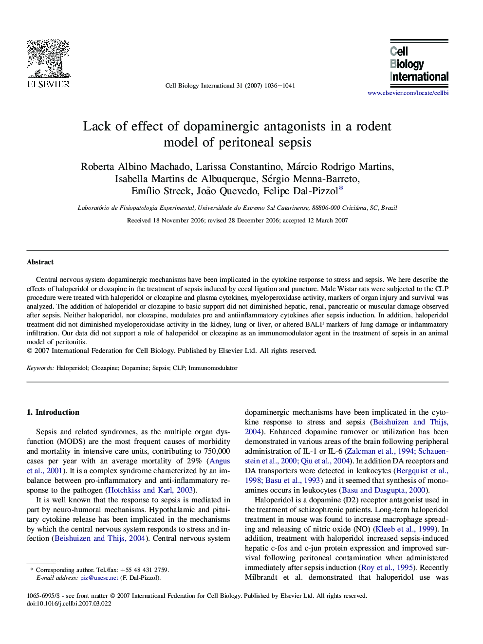 Lack of effect of dopaminergic antagonists in a rodent model of peritoneal sepsis