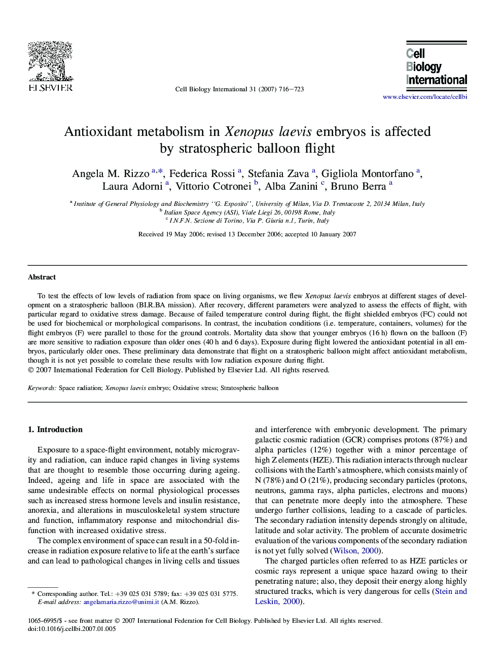 Antioxidant metabolism in Xenopus laevis embryos is affected by stratospheric balloon flight