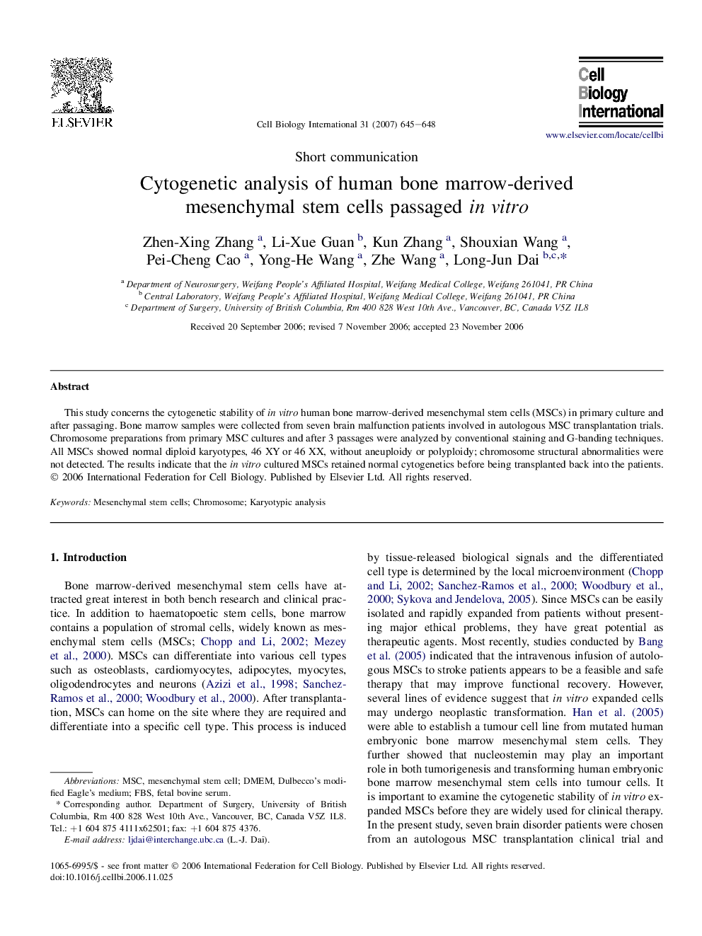 عکس صفحه اول مقاله: Cytogenetic analysis of human bone marrow-derived mesenchymal stem cells passaged in vitro Cytogenetic analysis of human bone marrow-derived mesenchymal stem cells passaged in vitro