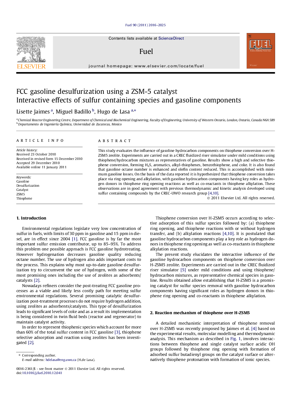 FCC gasoline desulfurization using a ZSM-5 catalyst: Interactive effects of sulfur containing species and gasoline components