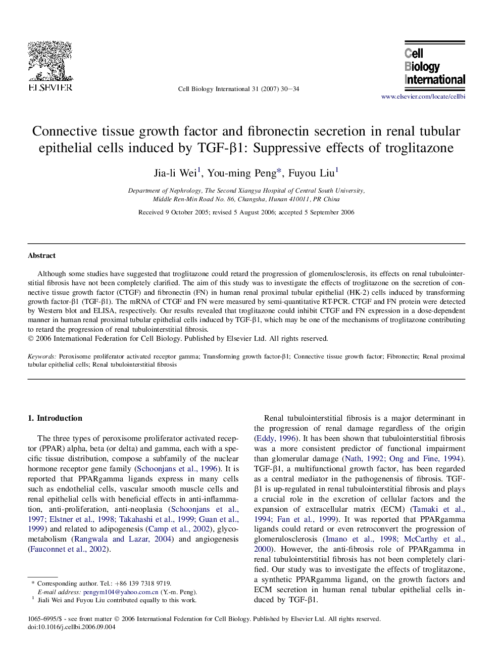 عکس صفحه اول مقاله: Connective tissue growth factor and fibronectin secretion in renal tubular epithelial cells induced by TGF-β1: Suppressive effects of troglitazone Connective tissue growth factor and fibronectin secretion in renal tubular epithelial cells induced by TGF-β1: Suppressive effects of troglitazone