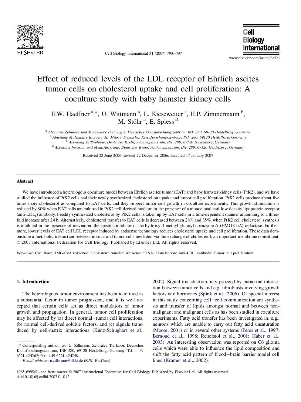 Effect of reduced levels of the LDL receptor of Ehrlich ascites tumor cells on cholesterol uptake and cell proliferation: A coculture study with baby hamster kidney cells