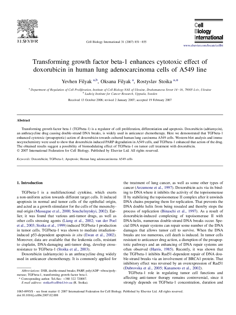 Transforming growth factor beta-1 enhances cytotoxic effect of doxorubicin in human lung adenocarcinoma cells of A549 line