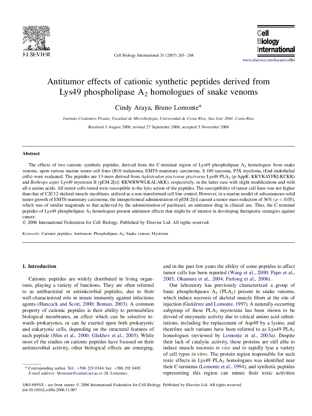 Antitumor effects of cationic synthetic peptides derived from Lys49 phospholipase A2 homologues of snake venoms