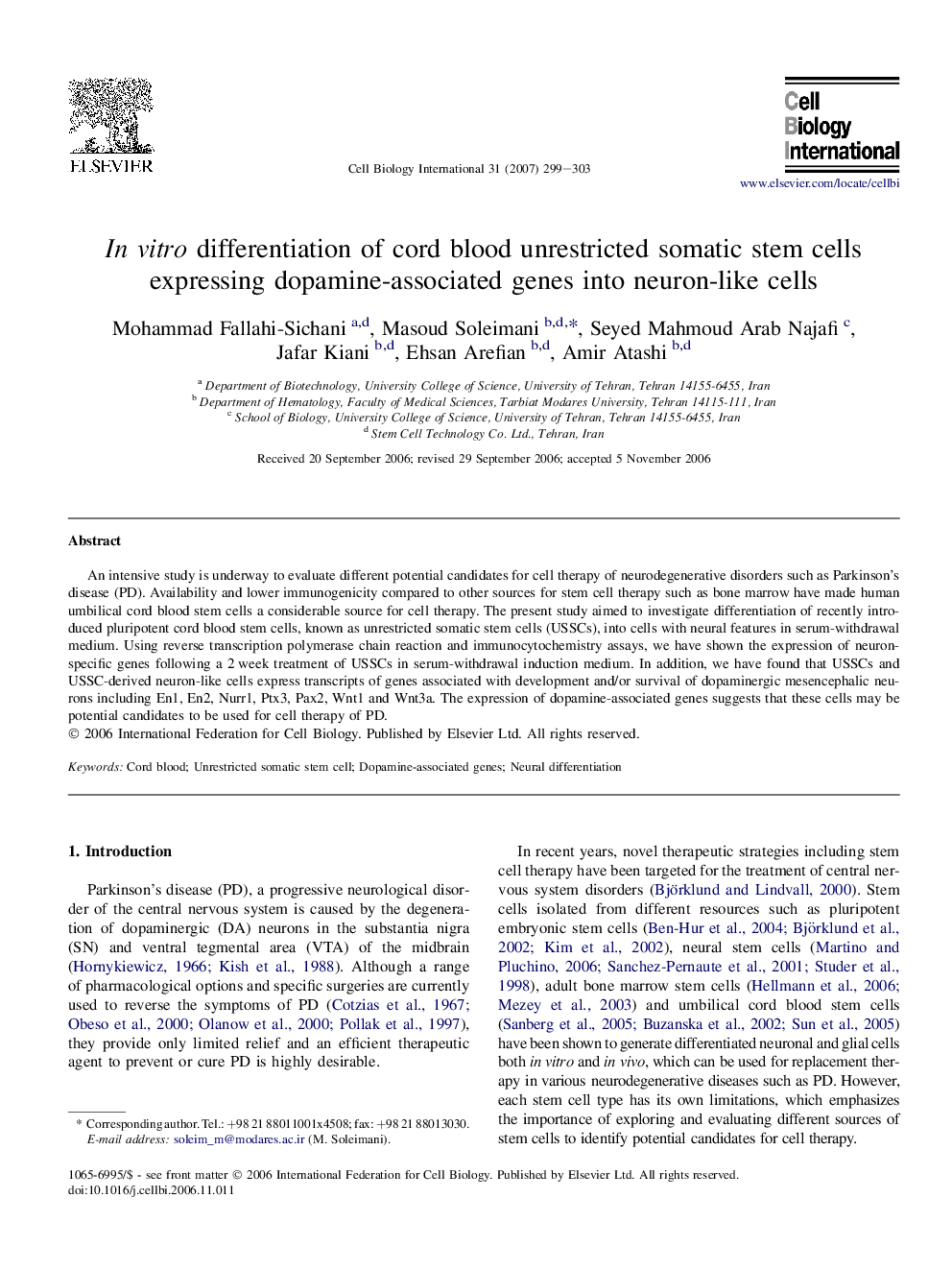 In vitro differentiation of cord blood unrestricted somatic stem cells expressing dopamine-associated genes into neuron-like cells