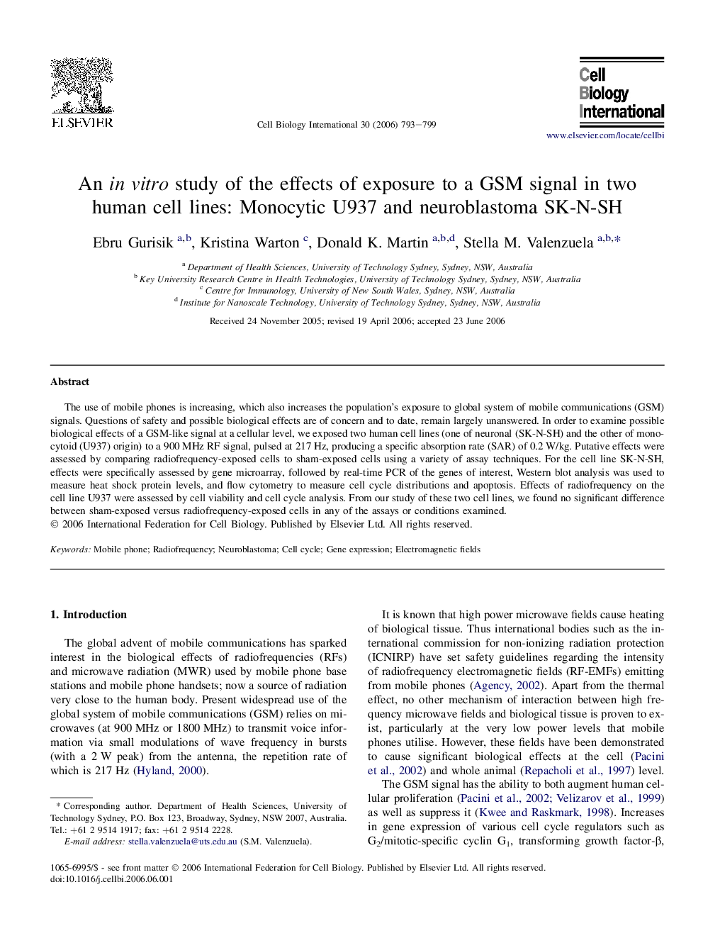 An in vitro study of the effects of exposure to a GSM signal in two human cell lines: Monocytic U937 and neuroblastoma SK-N-SH