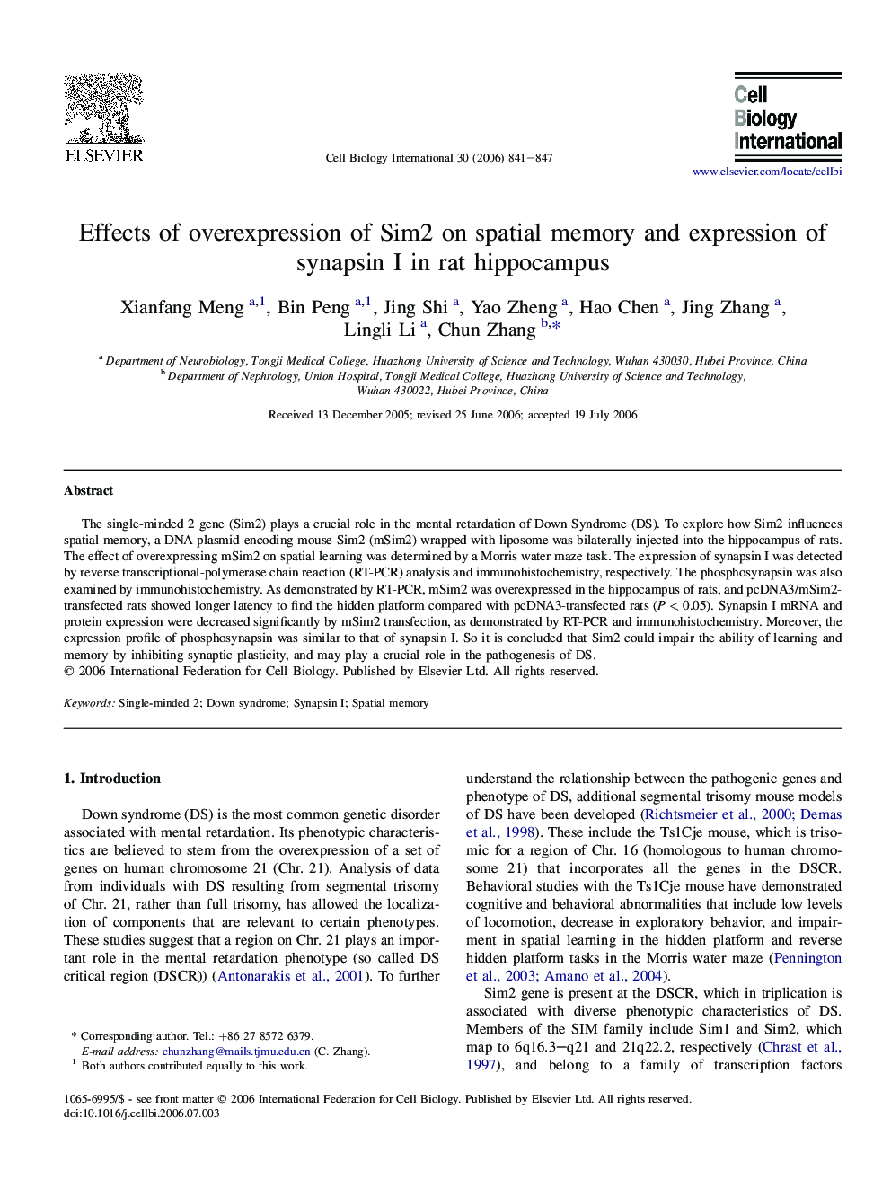 Effects of overexpression of Sim2 on spatial memory and expression of synapsin I in rat hippocampus