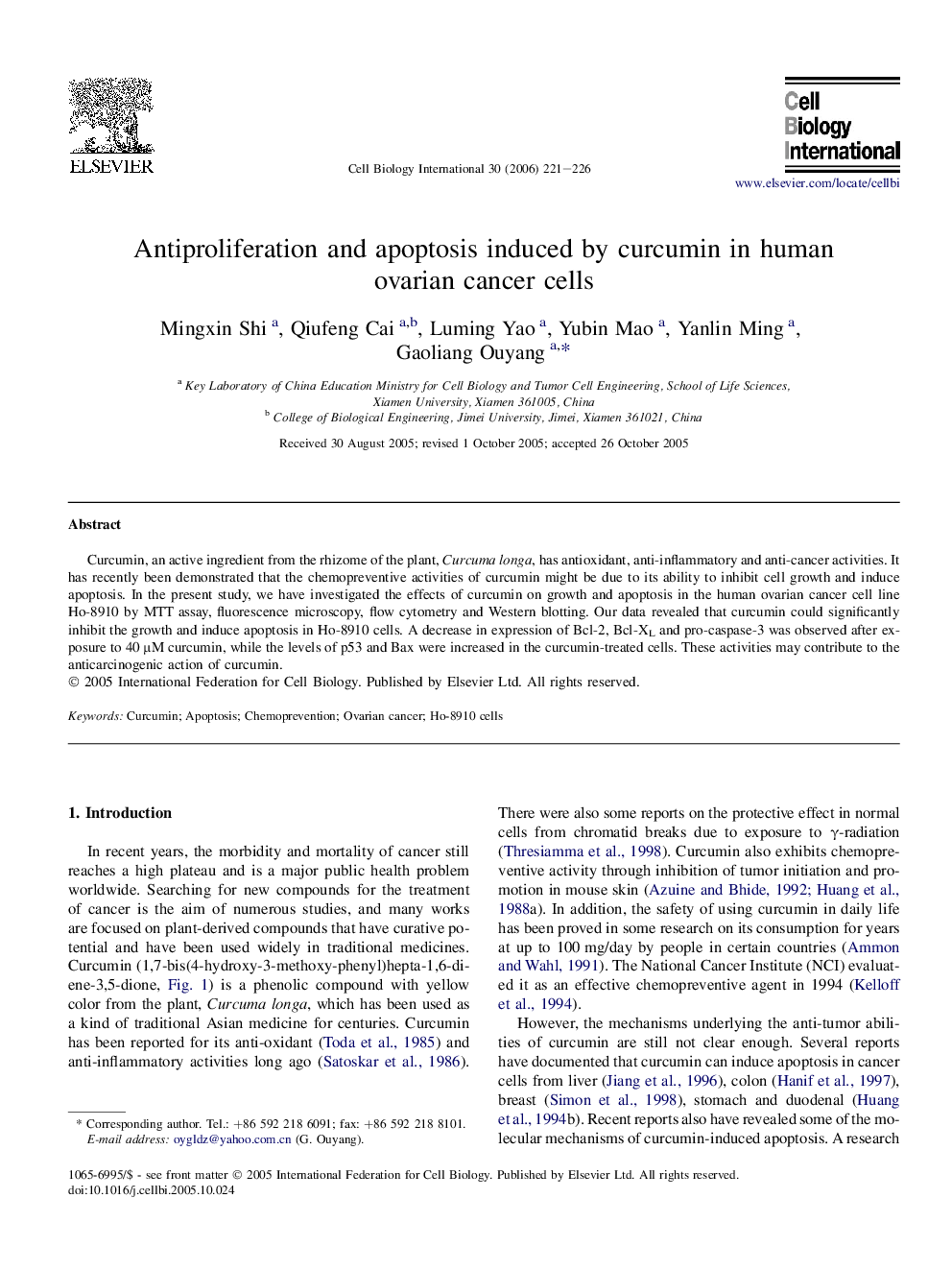 Antiproliferation and apoptosis induced by curcumin in human ovarian cancer cells