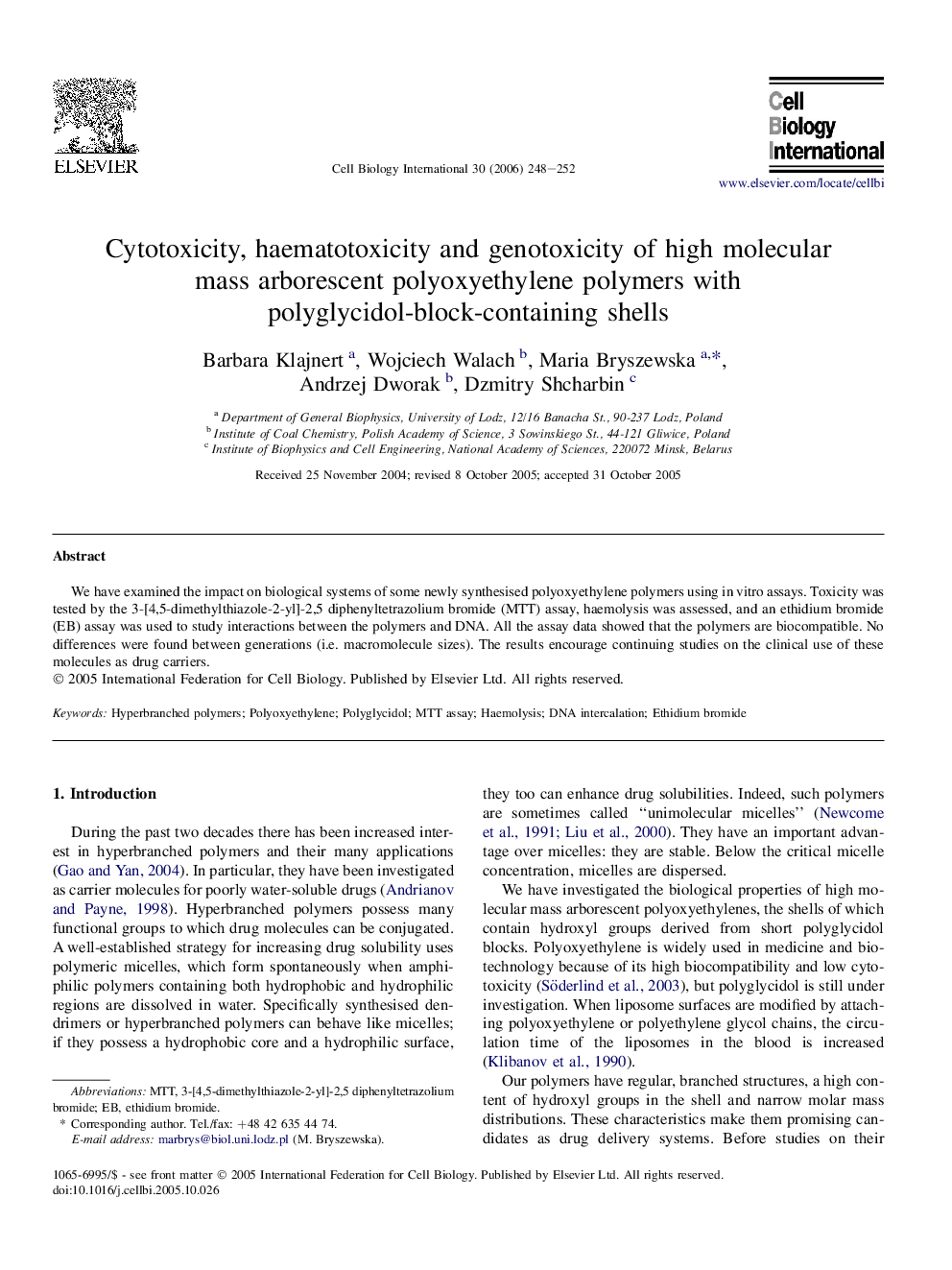 Cytotoxicity, haematotoxicity and genotoxicity of high molecular mass arborescent polyoxyethylene polymers with polyglycidol-block-containing shells