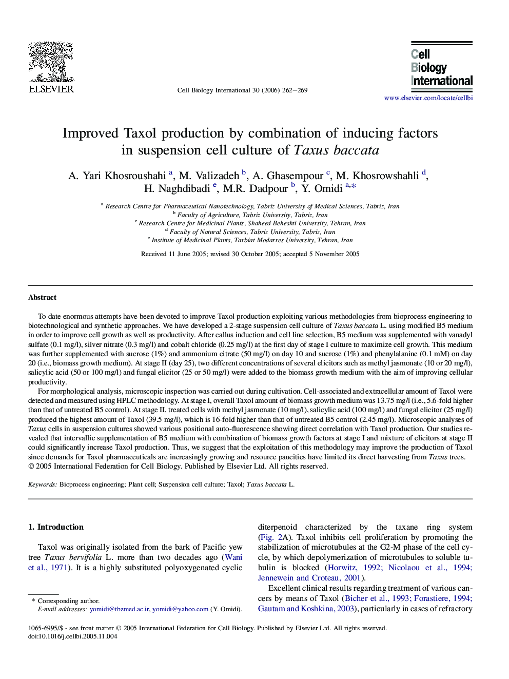 Improved Taxol production by combination of inducing factors in suspension cell culture of Taxus baccata