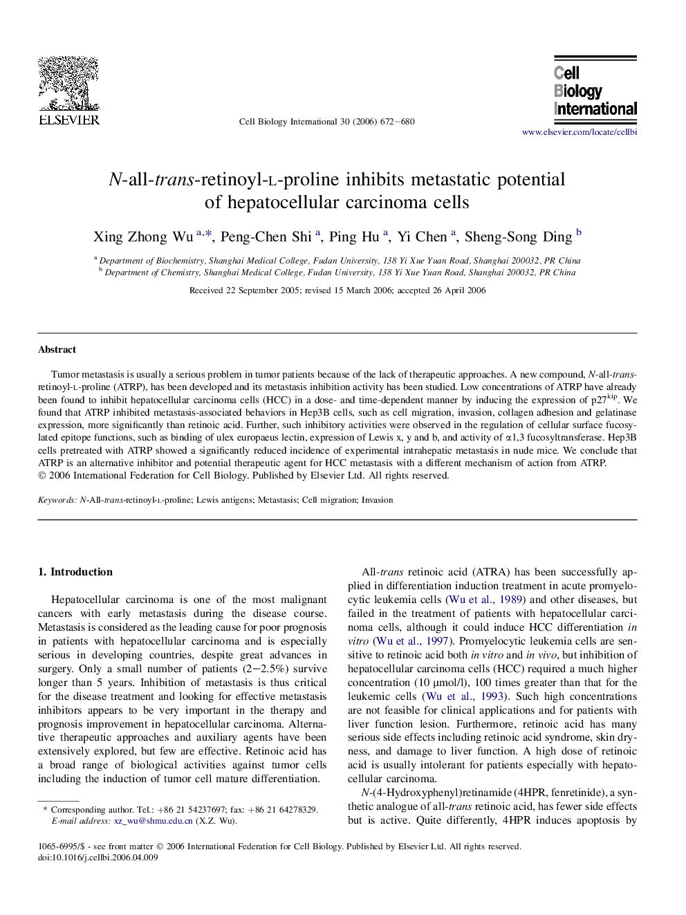 N-all-trans-retinoyl-l-proline inhibits metastatic potential of hepatocellular carcinoma cells