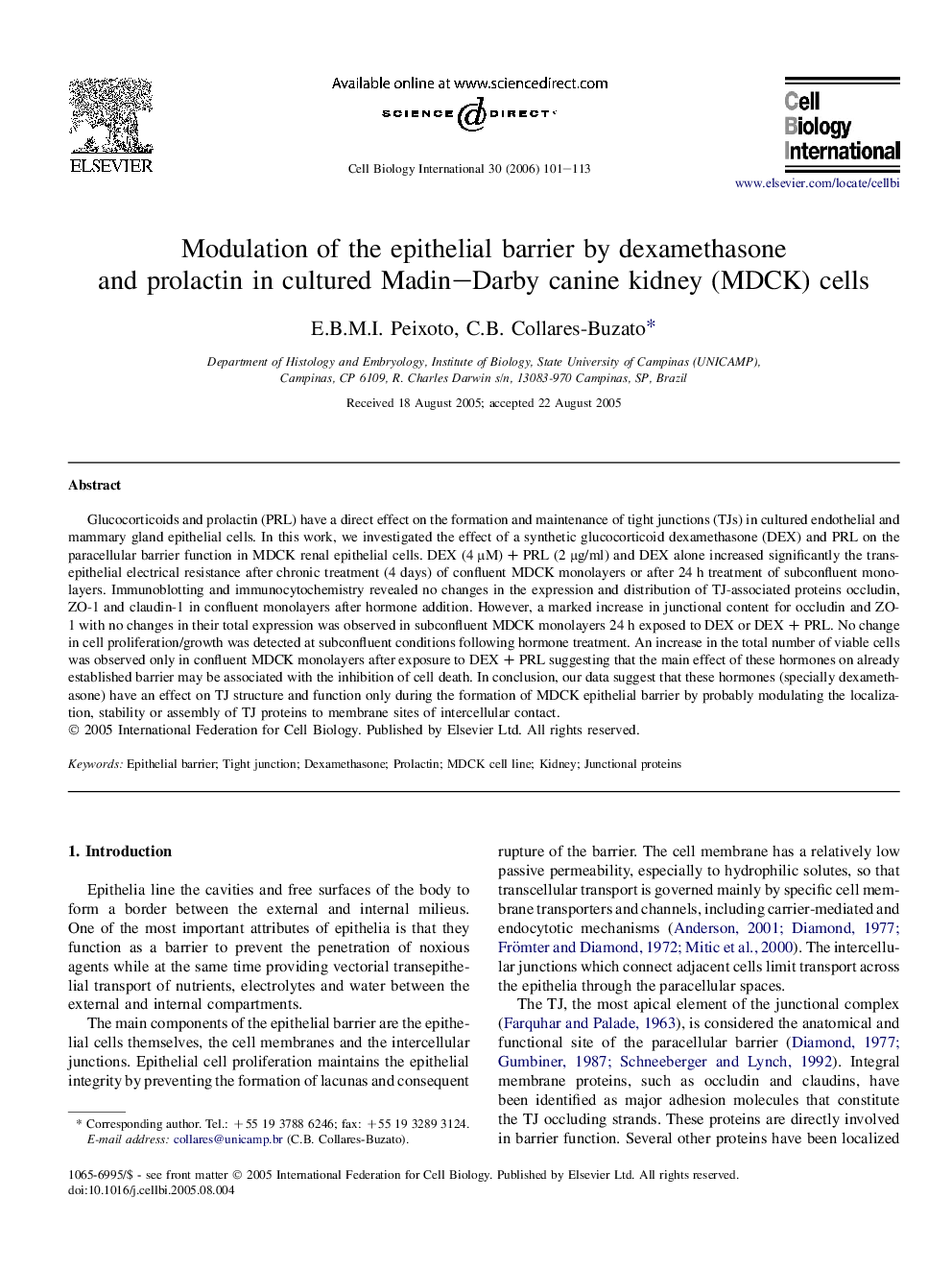 Modulation of the epithelial barrier by dexamethasone and prolactin in cultured Madin-Darby canine kidney (MDCK) cells