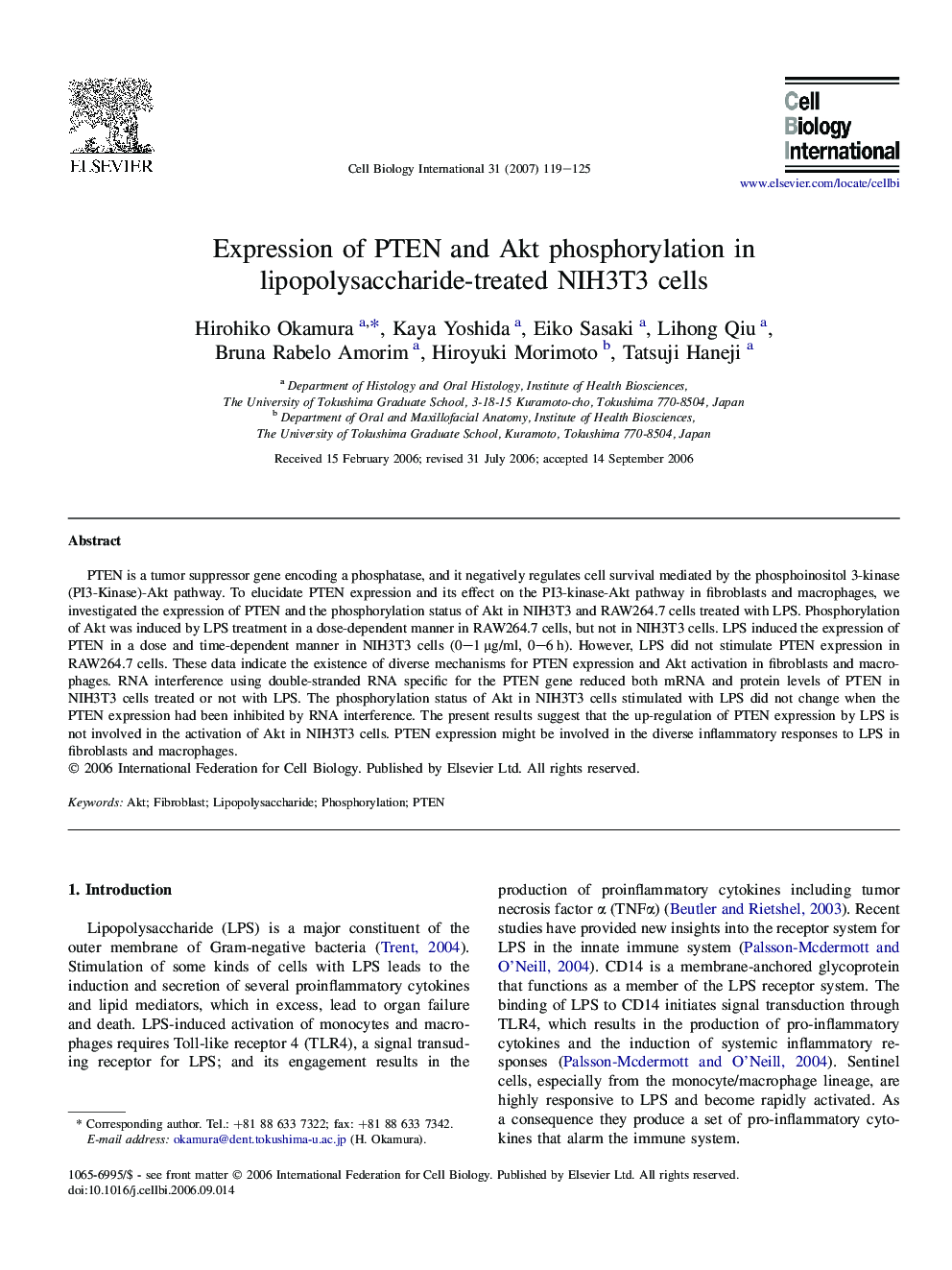عکس صفحه اول مقاله: Expression of PTEN and Akt phosphorylation in lipopolysaccharide-treated NIH3T3 cells Expression of PTEN and Akt phosphorylation in lipopolysaccharide-treated NIH3T3 cells