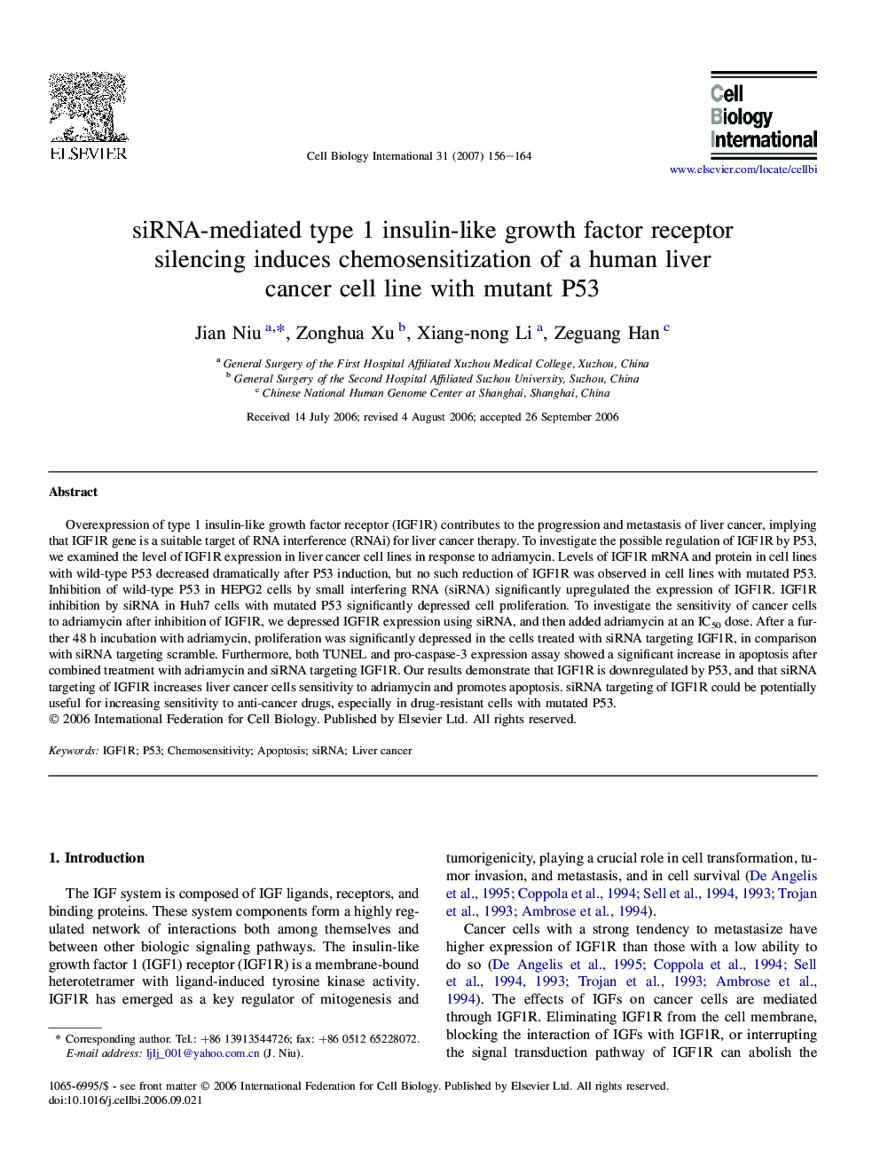 siRNA-mediated type 1 insulin-like growth factor receptor silencing induces chemosensitization of a human liver cancer cell line with mutant P53