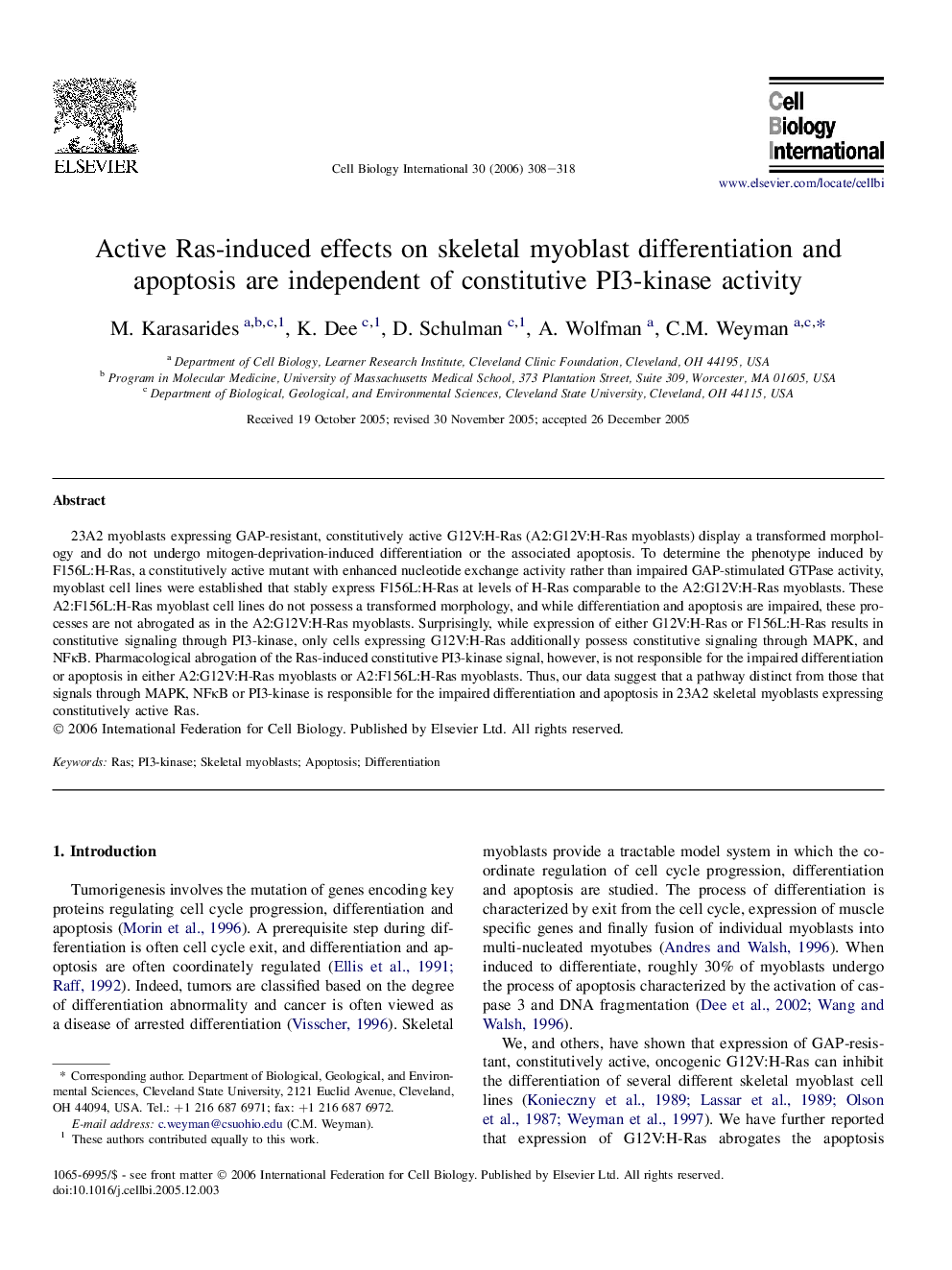 Active Ras-induced effects on skeletal myoblast differentiation and apoptosis are independent of constitutive PI3-kinase activity