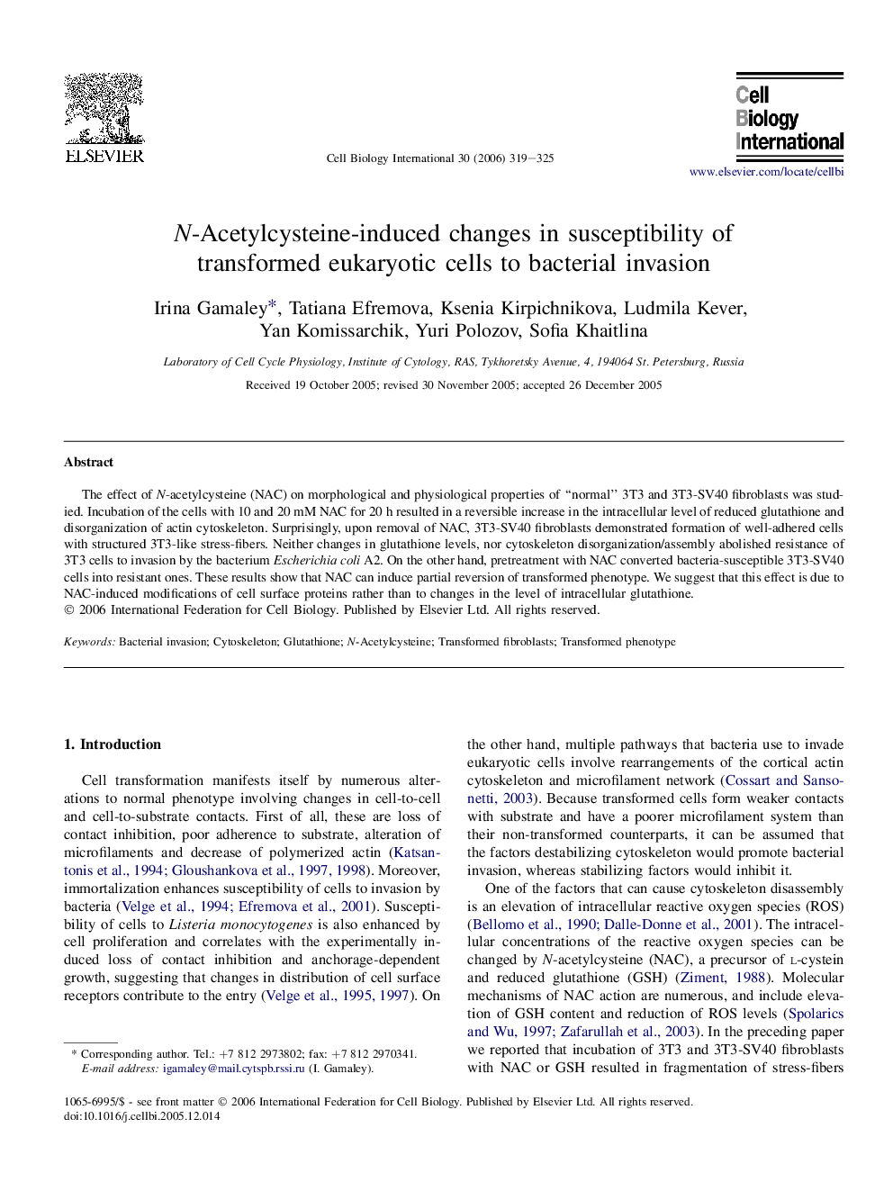 عکس صفحه اول مقاله: N-Acetylcysteine-induced changes in susceptibility of transformed eukaryotic cells to bacterial invasion N-Acetylcysteine-induced changes in susceptibility of transformed eukaryotic cells to bacterial invasion