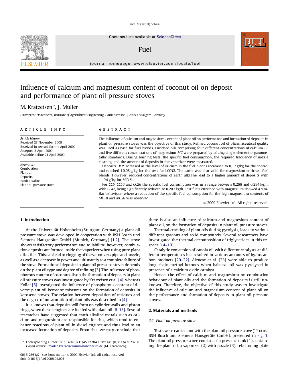 Influence of calcium and magnesium content of coconut oil on deposit and performance of plant oil pressure stoves