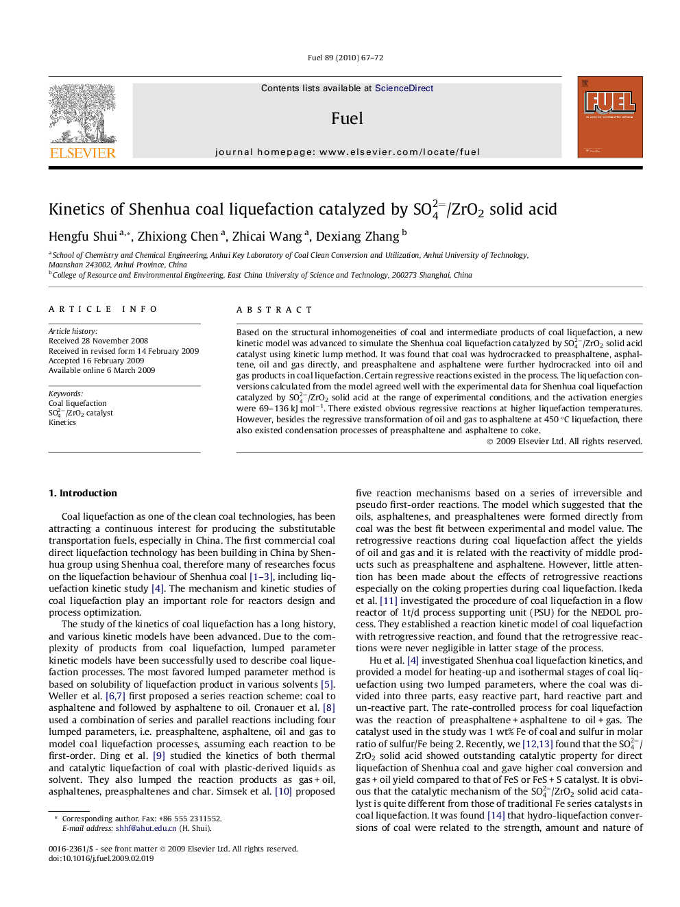 Kinetics of Shenhua coal liquefaction catalyzed by SO42=/ZrO2 solid acid