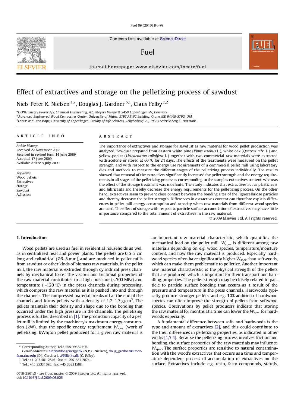 Effect of extractives and storage on the pelletizing process of sawdust