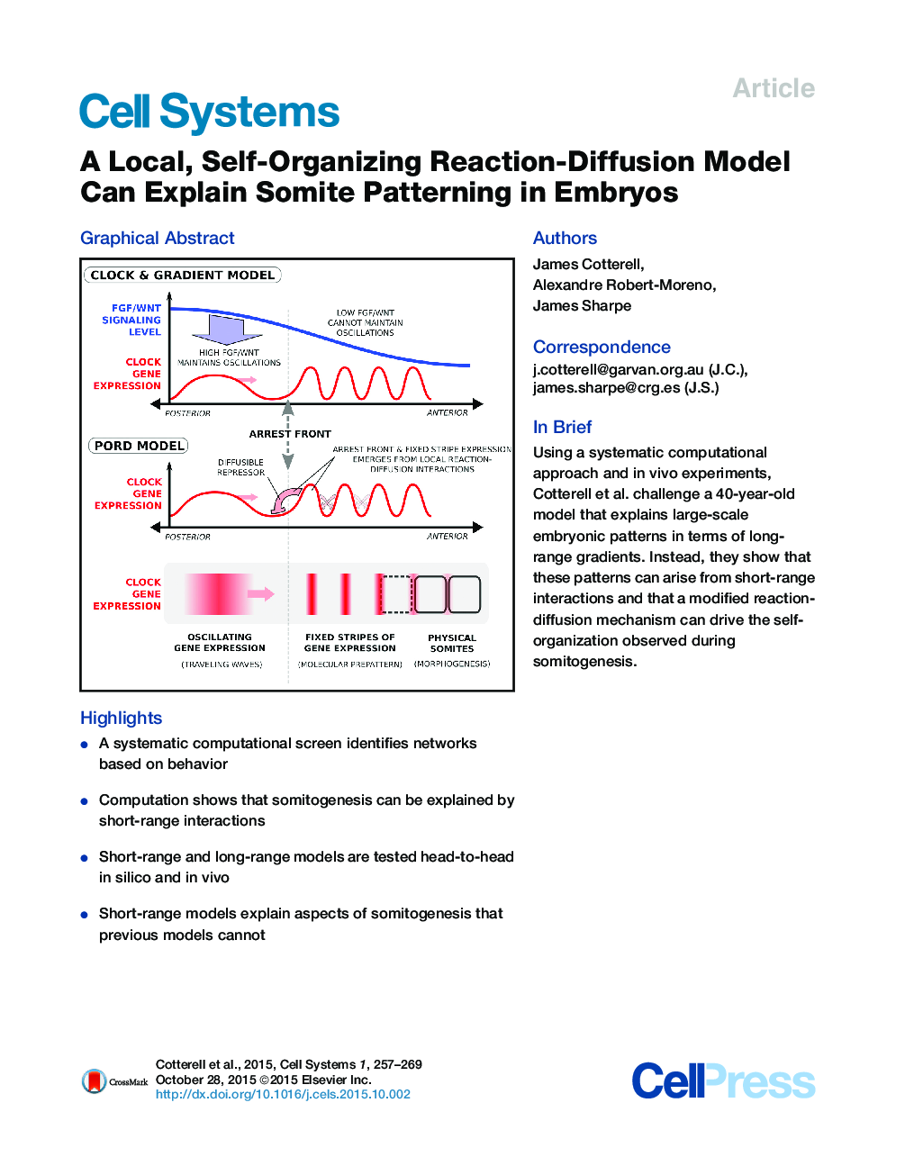 A Local, Self-Organizing Reaction-Diffusion Model Can Explain Somite Patterning in Embryos